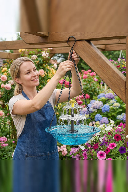Hanging Bird Bath with Solar Fountain – Glass Bowl on a Chain