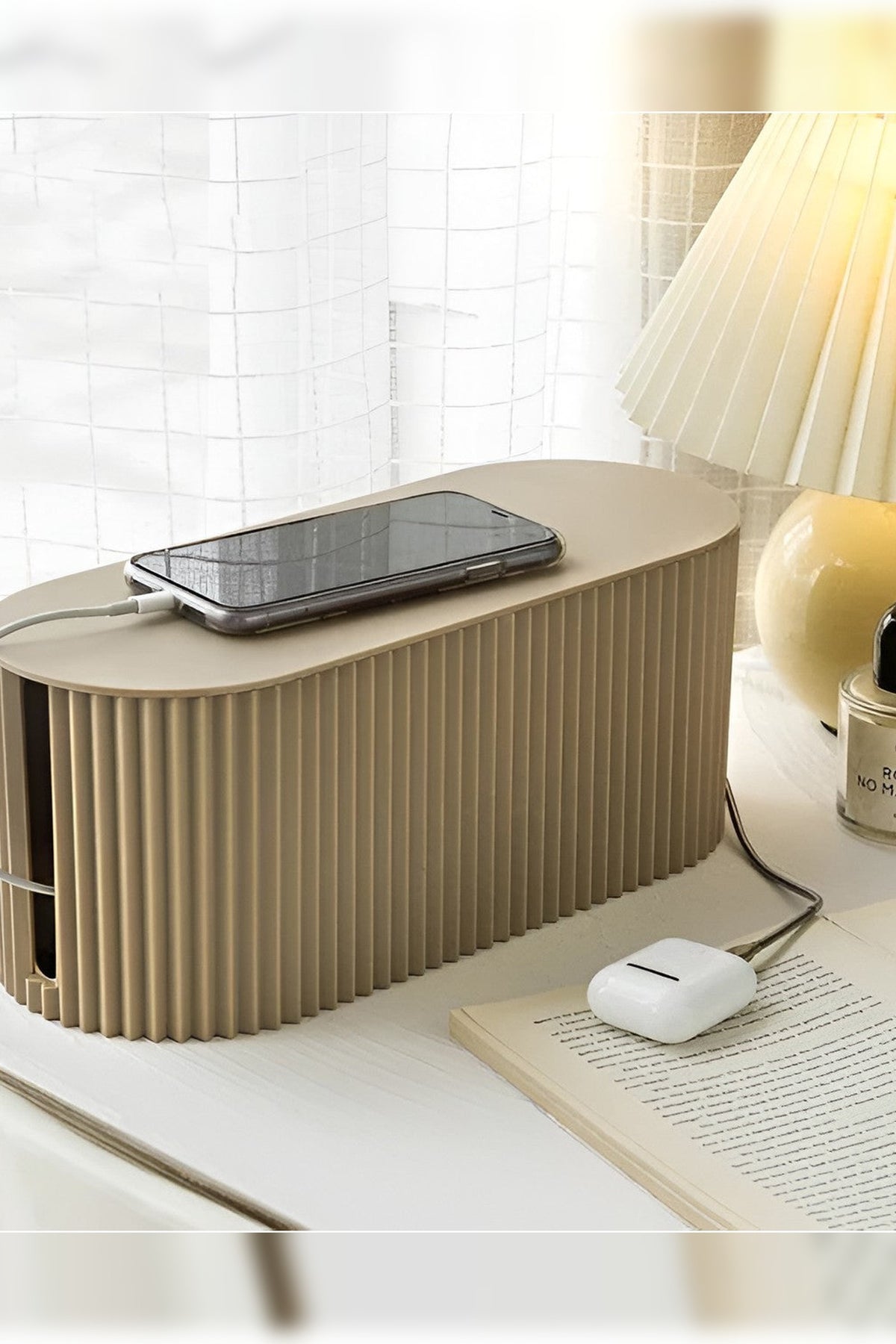 Cable Management Box – ribbed design, lift-off lid, hides a power strip and plugs