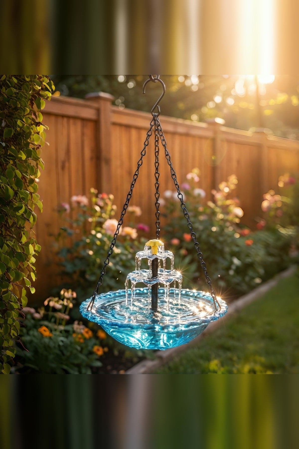 Hanging Bird Bath with Solar Fountain – Glass Bowl on a Chain