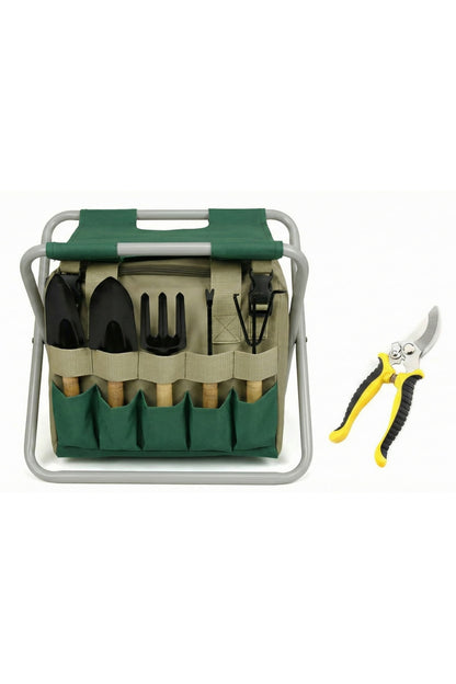 Garden Tool Kit with Folding Stool – Storage Bag and Six Tools