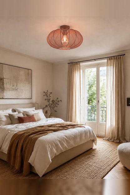 Round Mesh Ceiling Light – terracotta pink, sheer fabric panels, open base