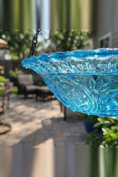 Hanging Bird Bath with Solar Fountain – Glass Bowl on a Chain