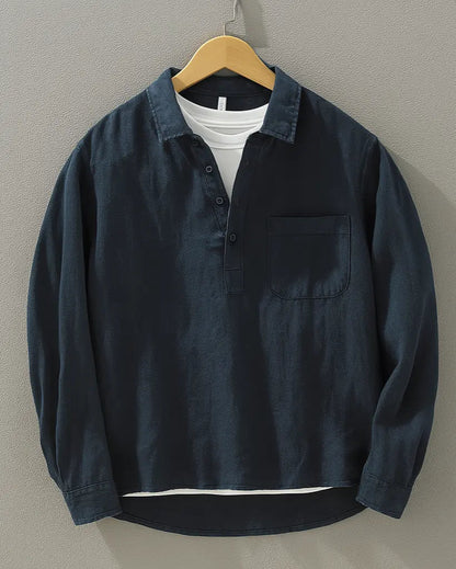 Calden Men’s Popover Shirt – Cotton-Linen Blend Comfortable Casual Wear 0