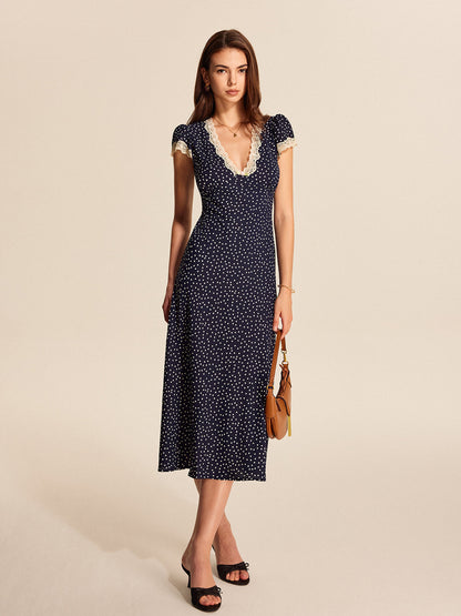 Celia Women's Polka Dot Midi Dress – Elegant Lace Puff Sleeve Design 1