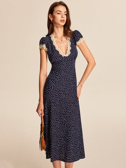 Celia Women's Polka Dot Midi Dress – Elegant Lace Puff Sleeve Design 2