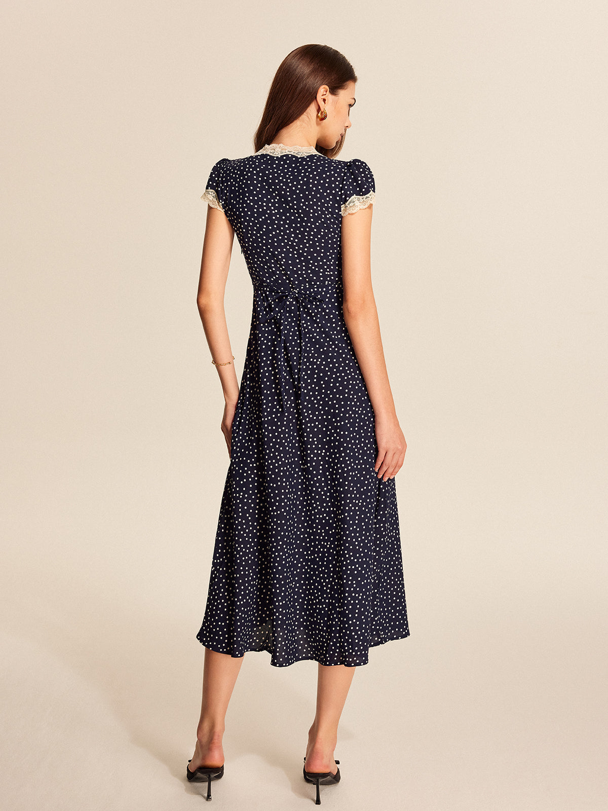 Celia Women's Polka Dot Midi Dress – Elegant Lace Puff Sleeve Design 5