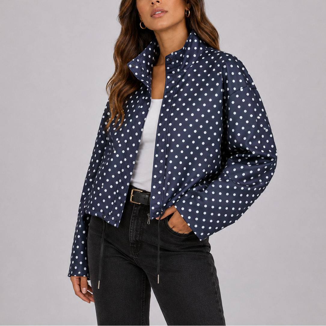Jacket Women - Polka Dot Bomber Jacket with Stand Collar