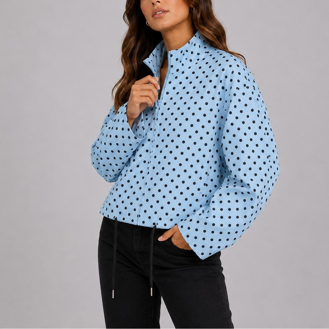Jacket Women - Polka Dot Bomber Jacket with Stand Collar