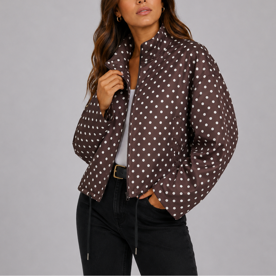 Jacket Women - Polka Dot Bomber Jacket with Stand Collar