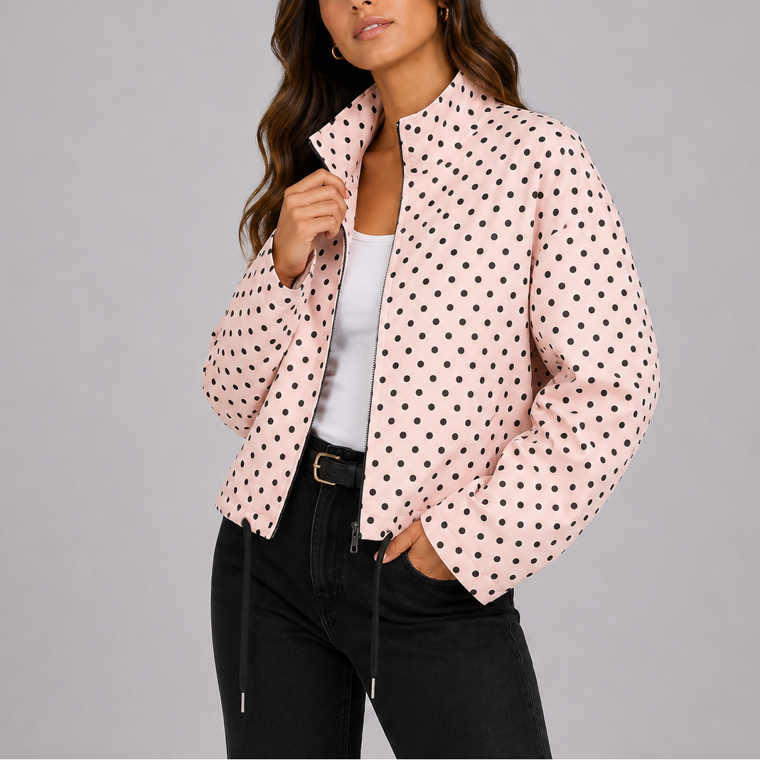 Jacket Women - Polka Dot Bomber Jacket with Stand Collar
