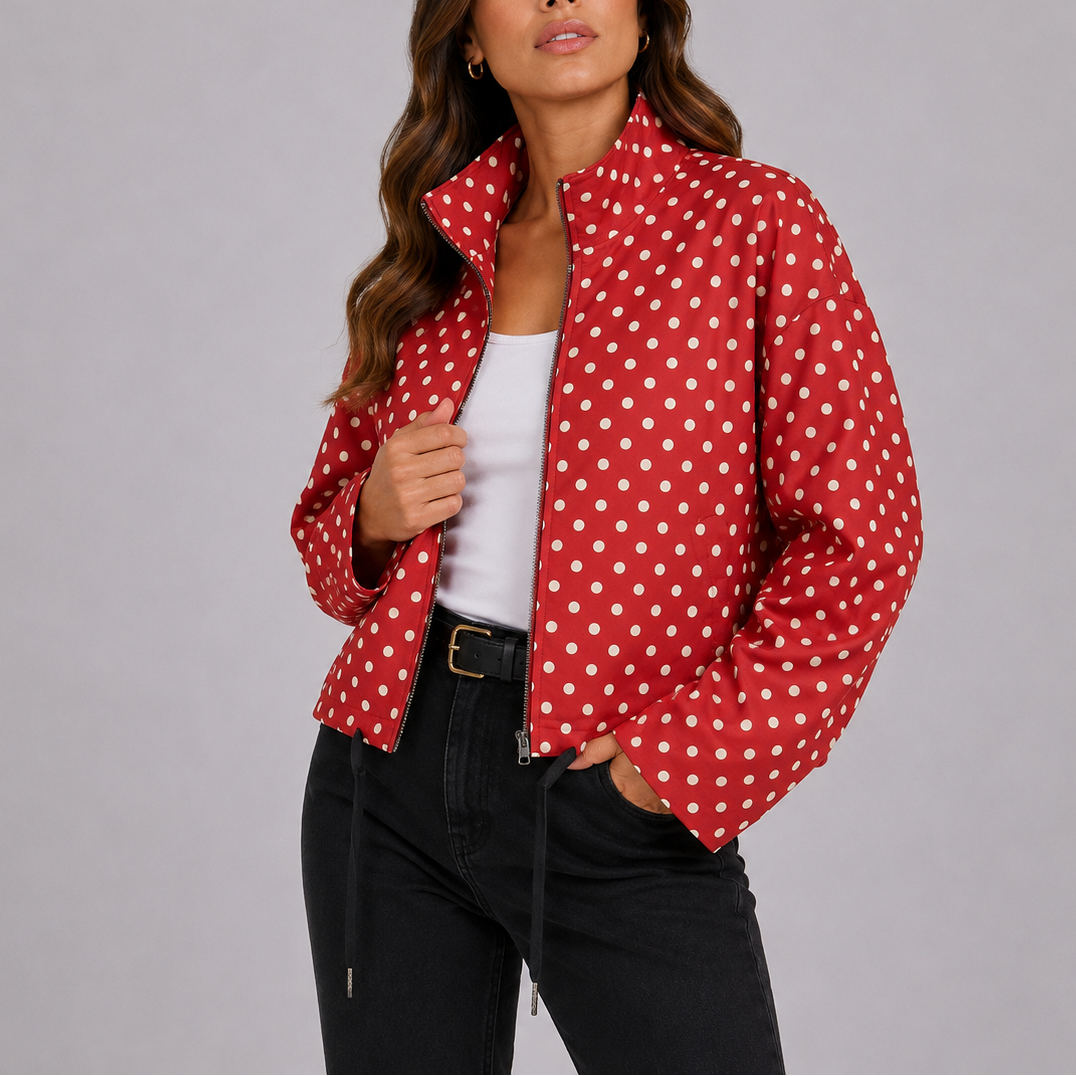 Jacket Women - Polka Dot Bomber Jacket with Stand Collar