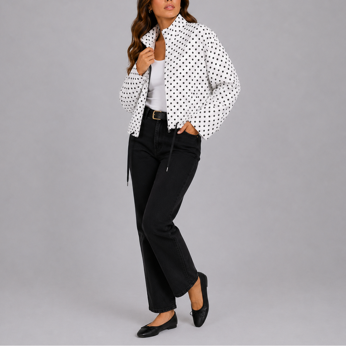 Jacket Women - Polka Dot Bomber Jacket with Stand Collar