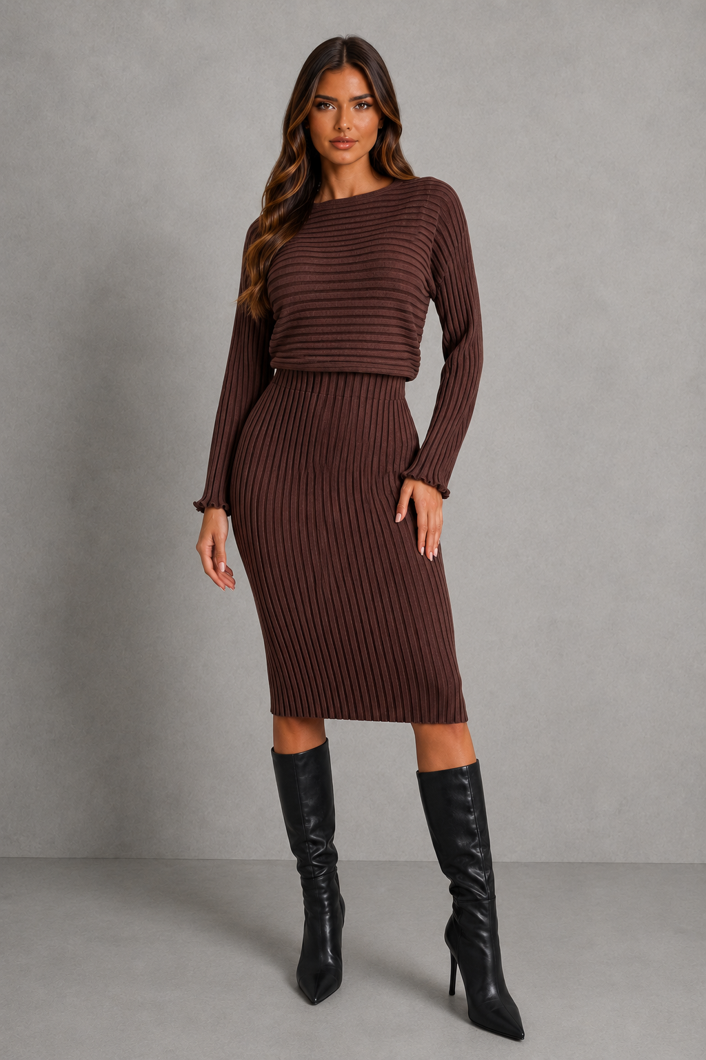 Set Women - Two-Piece Knit Set with Cropped Jumper