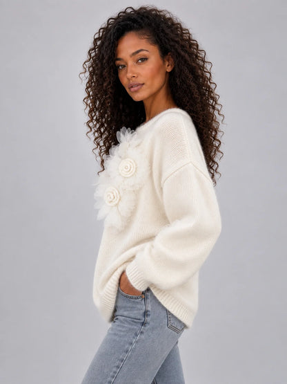 Floral Knit Jumper Women – Chic 3D Flower Detail Design 2