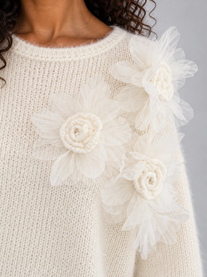 Floral Knit Jumper Women – Chic 3D Flower Detail Design 3