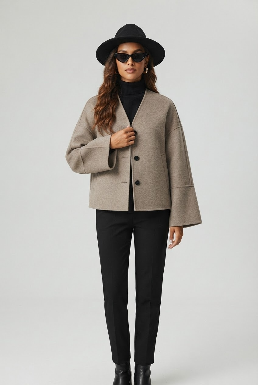 Jacket Women - Cropped Jacket with V-Neck and Button Front