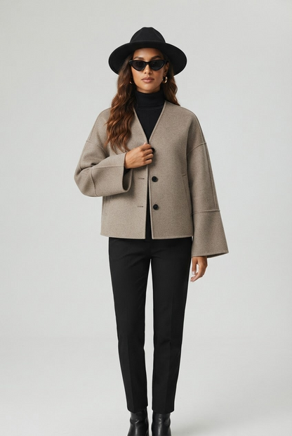 Jacket Women - Cropped Jacket with V-Neck and Button Front
