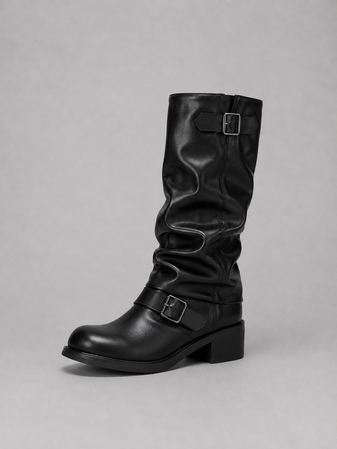 Liora Women's Black Knee-High Biker Boots – Stylish Buckle Detail for Everyday Wear 3