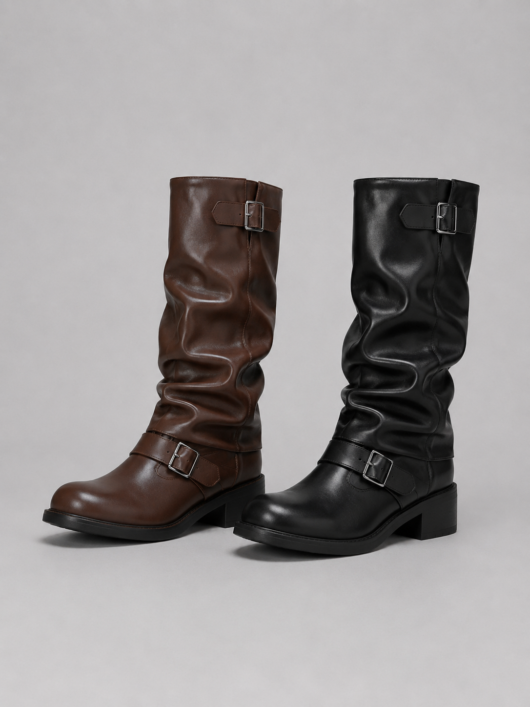 Liora Women's Black Knee-High Biker Boots – Stylish Buckle Detail for Everyday Wear 4