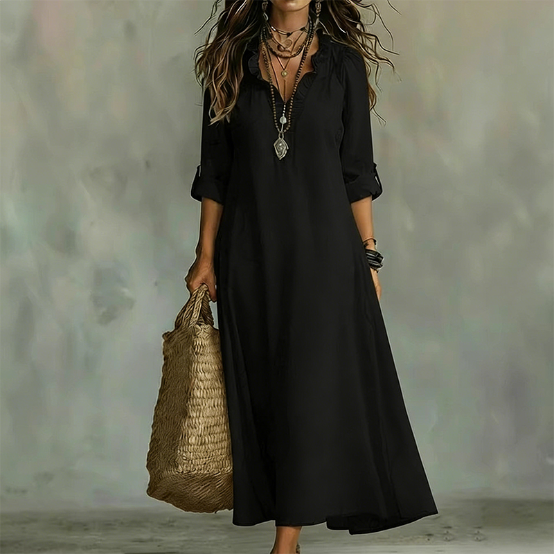 Liora Women's Bohemian Maxi Dress – Ruffled V-Neck for Effortless Style 0