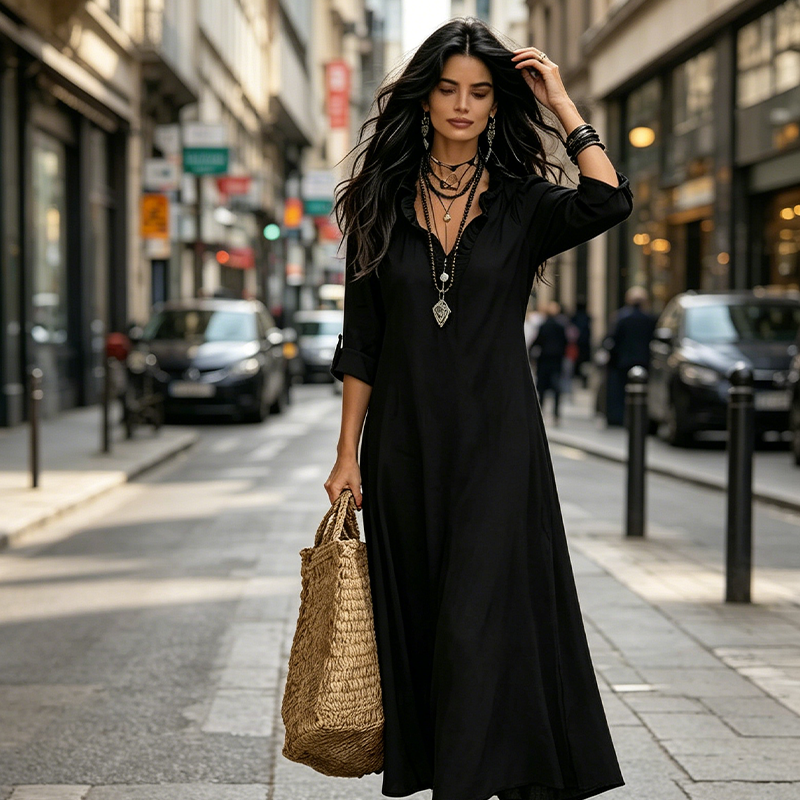 Liora Women's Bohemian Maxi Dress – Ruffled V-Neck for Effortless Style 8