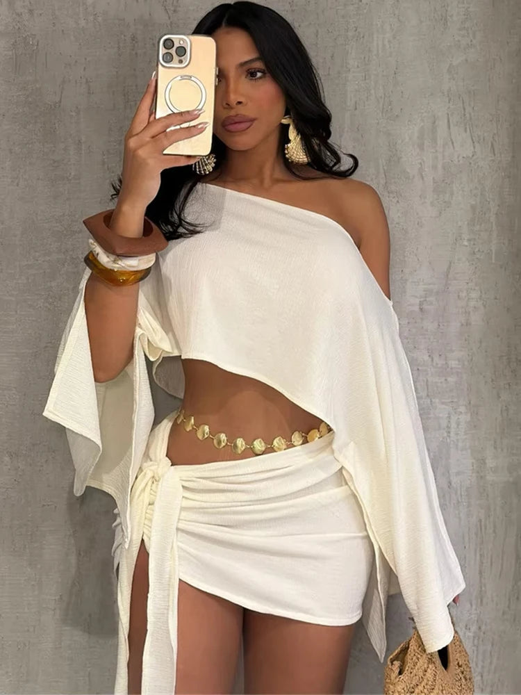 Liora Women's Co Ord Set – Stylish Skew Collar Crop Top & Ruched Skirt for Beach Parties 0