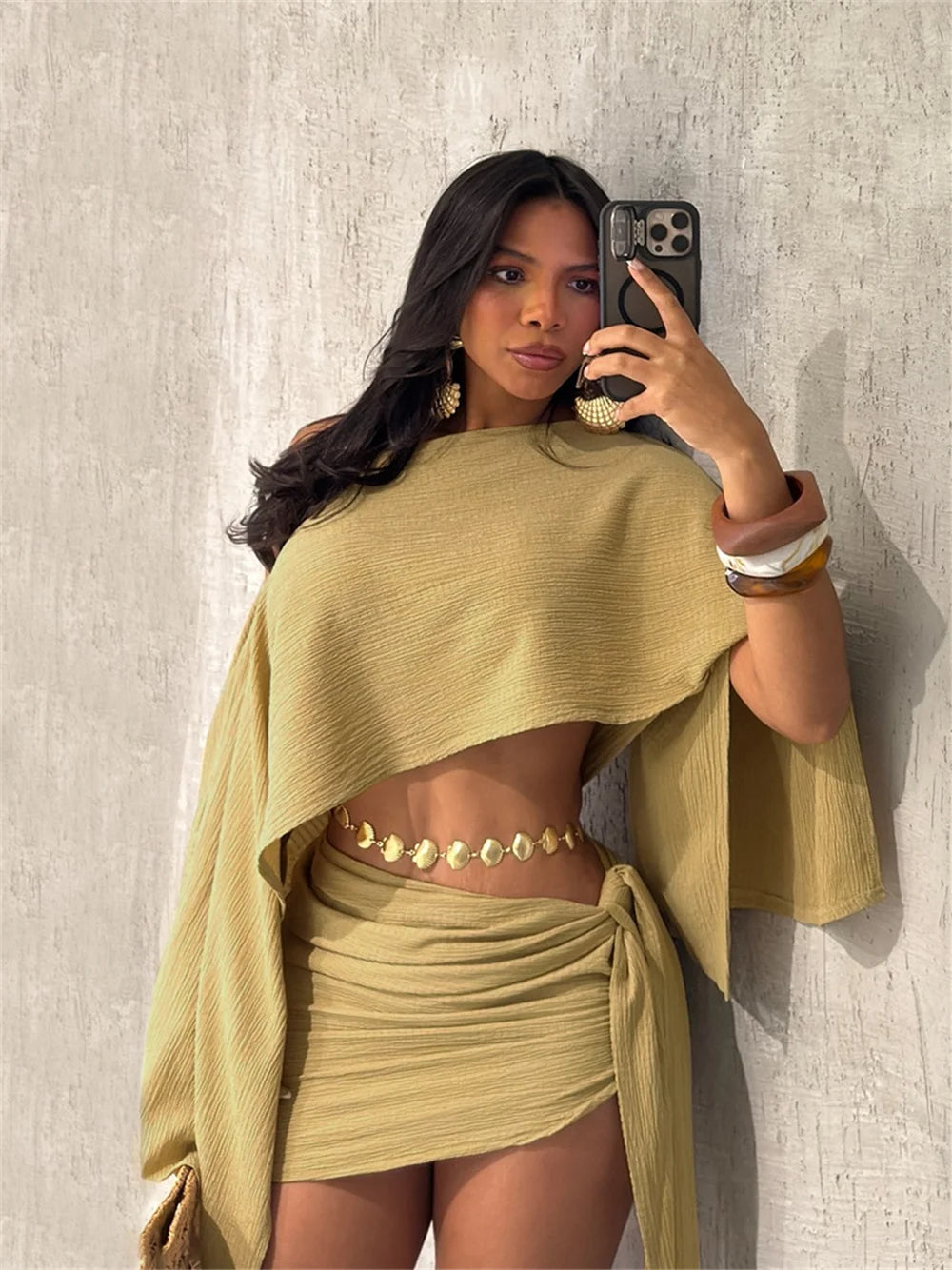 Liora Women's Co Ord Set – Stylish Skew Collar Crop Top & Ruched Skirt for Beach Parties 3