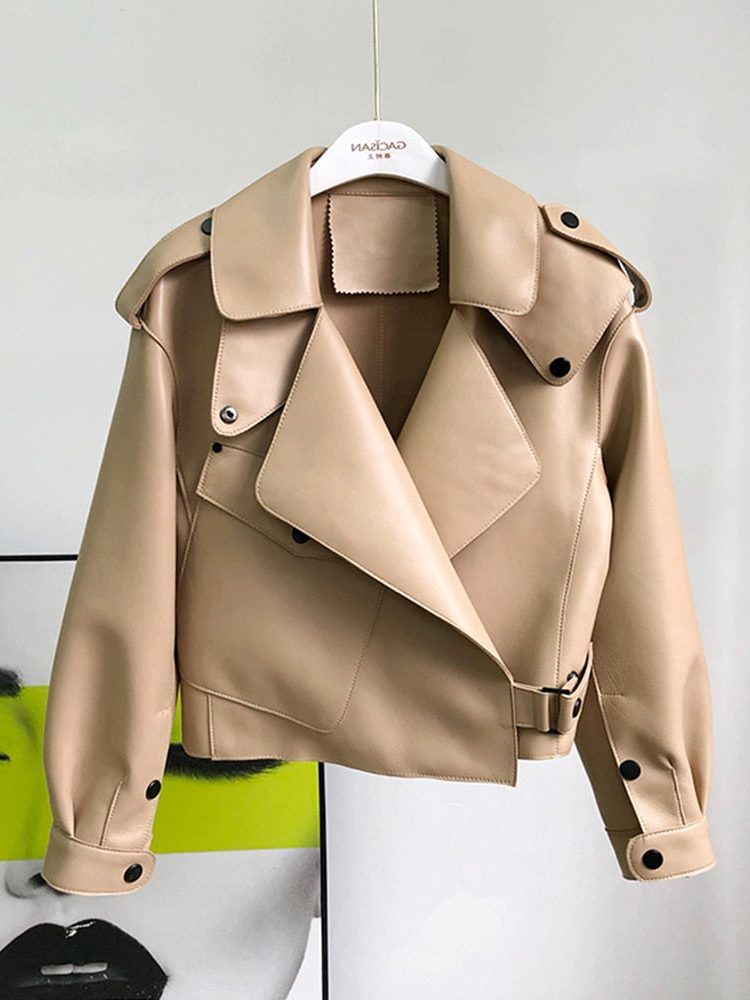 Liora Women's Cropped Leather Trench Coat – Structured Design Streamlined Silhouette 1
