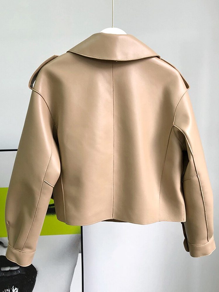 Liora Women's Cropped Leather Trench Coat – Structured Design Streamlined Silhouette 2
