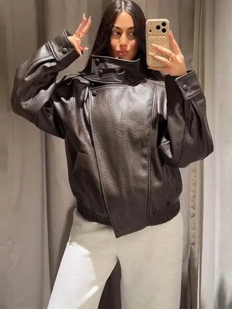 Liora Women's Faux Leather Jacket – Thick Stand Collar Streetwear 0