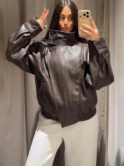 Liora Women's Faux Leather Jacket – Thick Stand Collar Streetwear 0