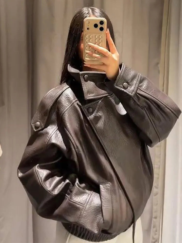 Liora Women's Faux Leather Jacket – Thick Stand Collar Streetwear 1