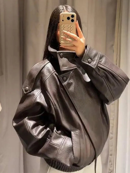 Liora Women's Faux Leather Jacket – Thick Stand Collar Streetwear 1