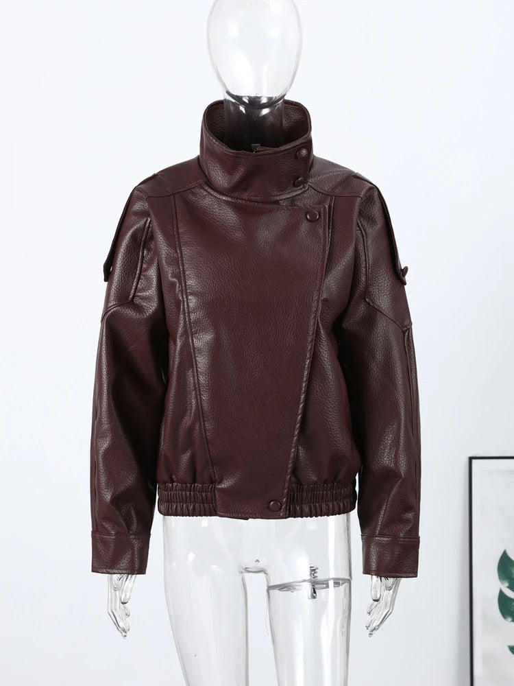 Liora Women's Faux Leather Jacket – Thick Stand Collar Streetwear 4