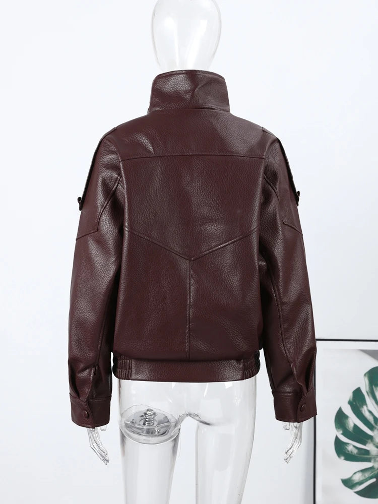Liora Women's Faux Leather Jacket – Thick Stand Collar Streetwear 5