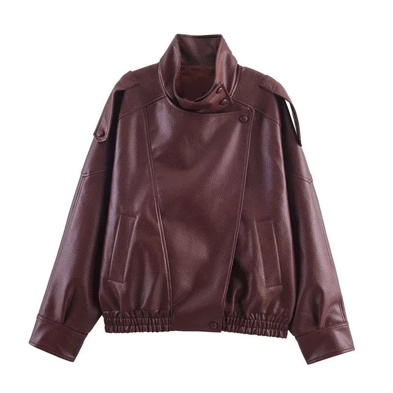 Liora Women's Faux Leather Jacket – Thick Stand Collar Streetwear 6
