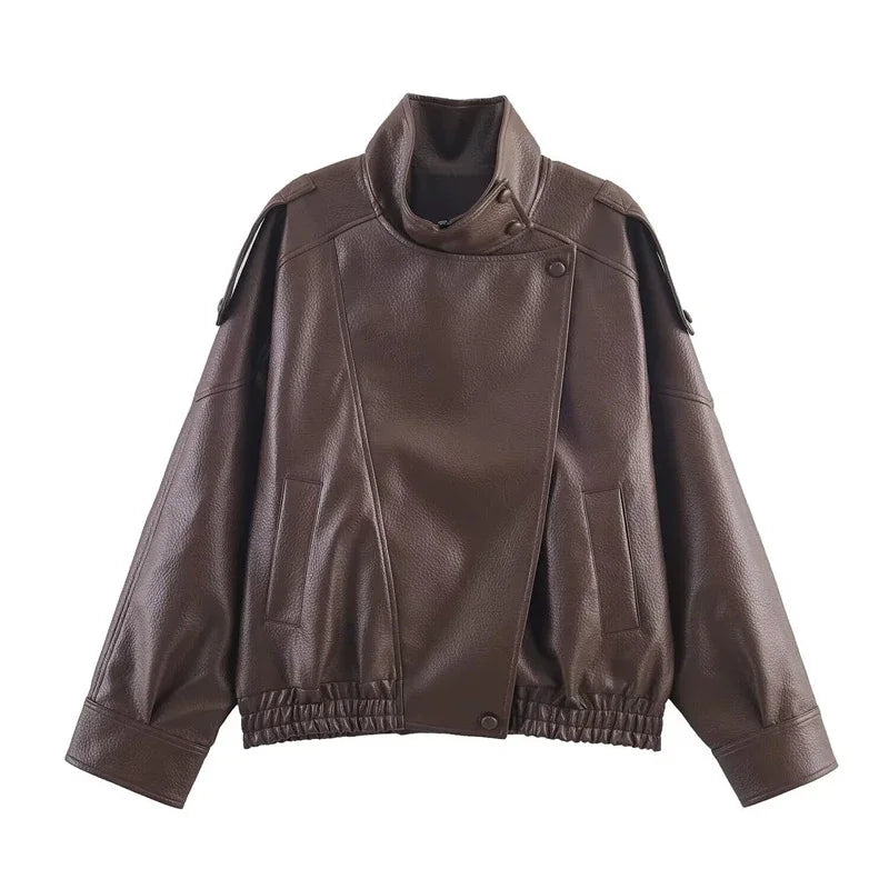 Liora Women's Faux Leather Jacket – Thick Stand Collar Streetwear 8