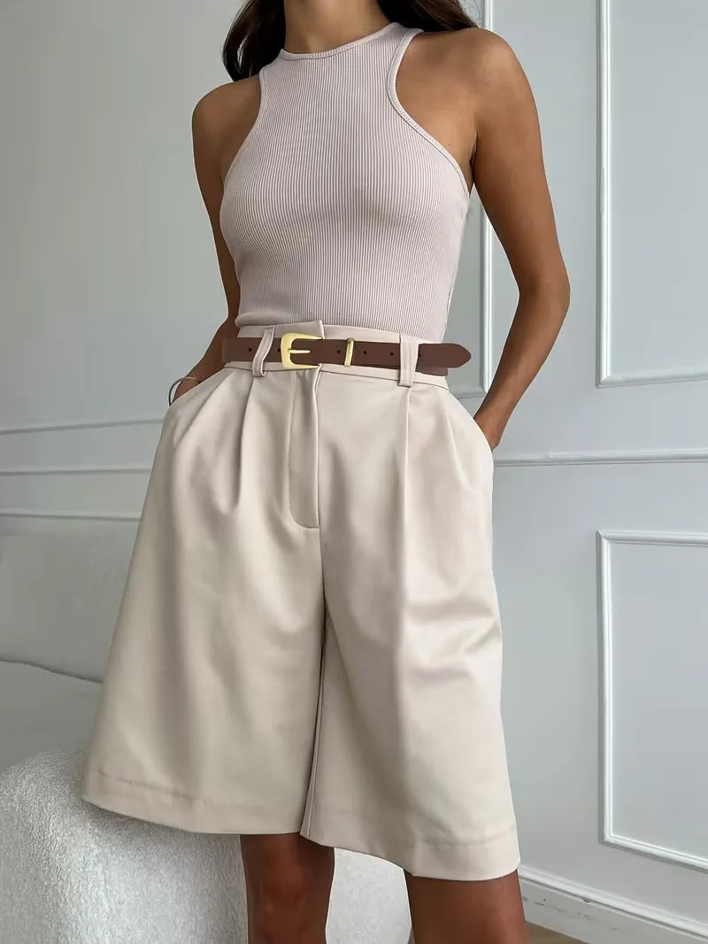 Liora Women's High-Waist Shorts – Chic Gold Buckle Comfort 0