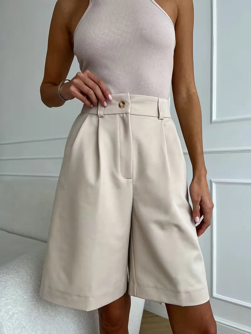 Liora Women's High-Waist Shorts – Chic Gold Buckle Comfort 2
