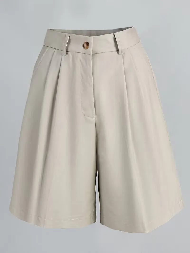 Liora Women's High-Waist Shorts – Chic Gold Buckle Comfort 3