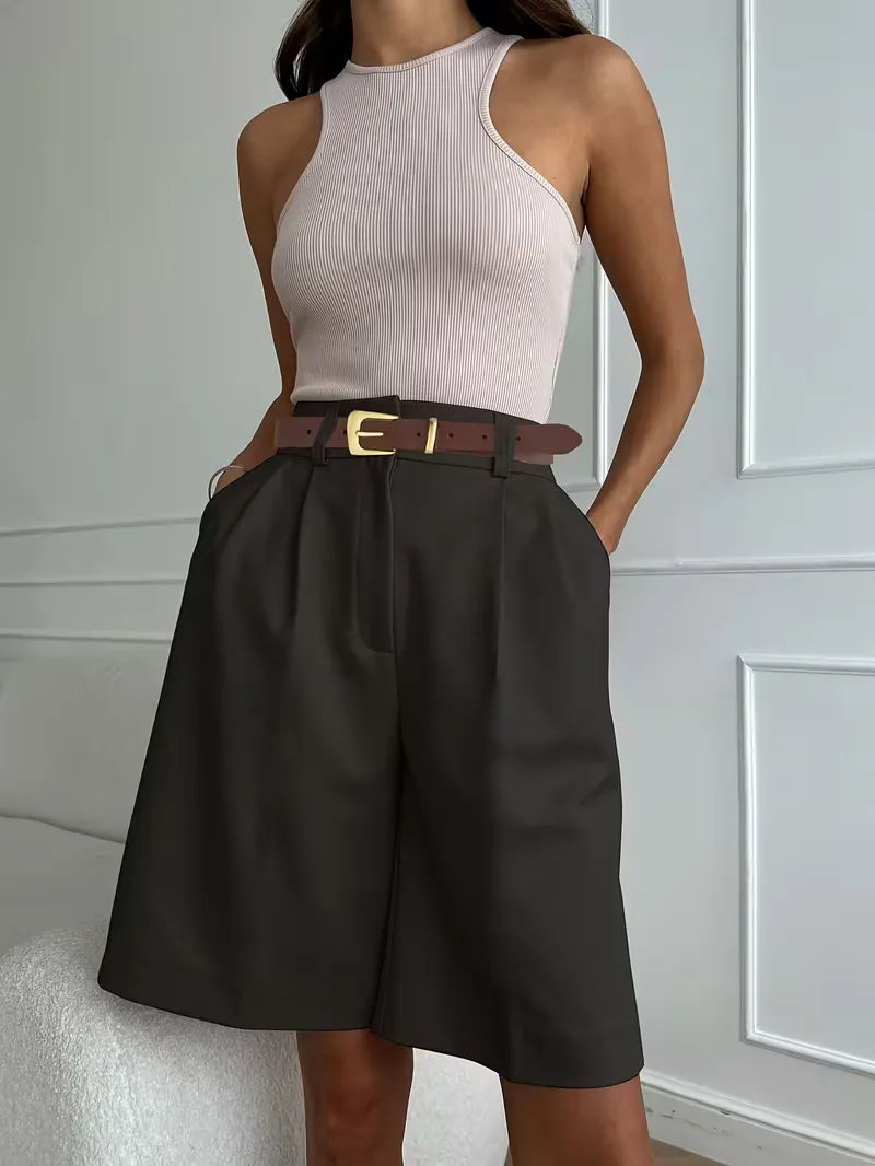 Liora Women's High-Waist Shorts – Chic Gold Buckle Comfort 5