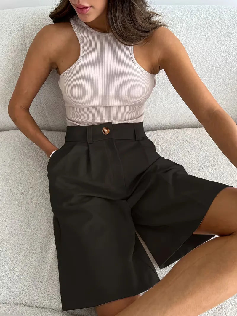 Liora Women's High-Waist Shorts – Chic Gold Buckle Comfort 6