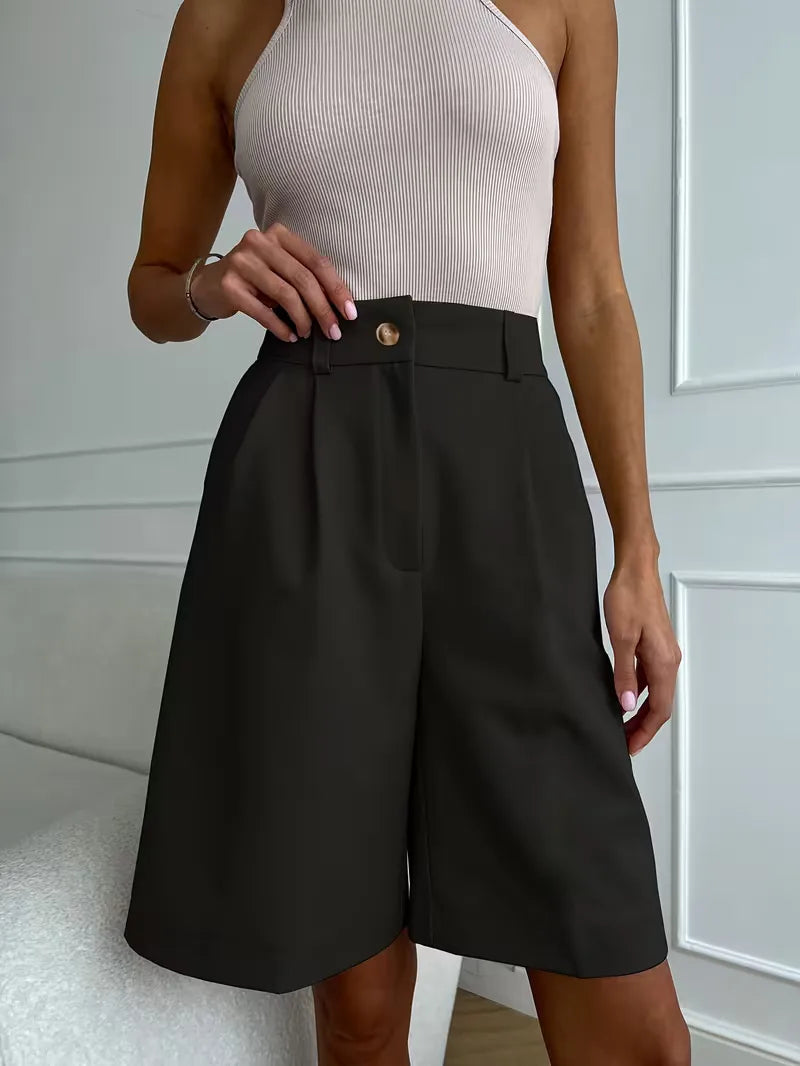 Liora Women's High-Waist Shorts – Chic Gold Buckle Comfort 7