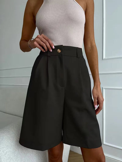 Liora Women's High-Waist Shorts – Chic Gold Buckle Comfort 7