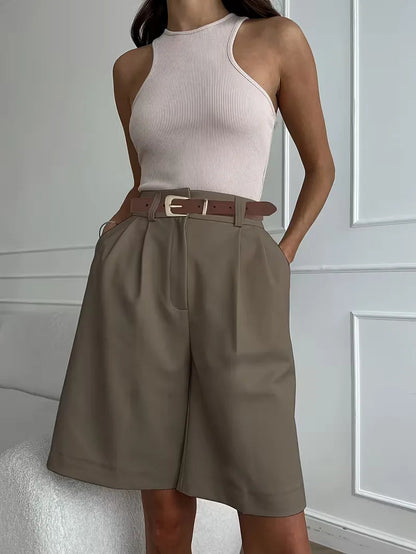 Liora Women's High-Waist Shorts – Chic Gold Buckle Comfort 9