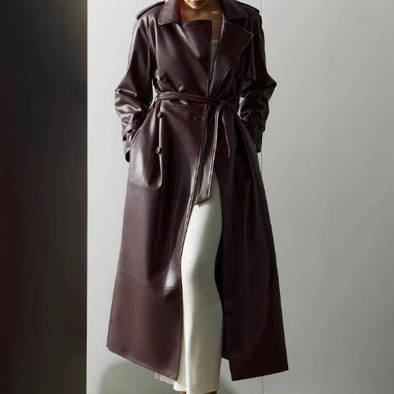 Liora Women's Leather Trench Coat – Belted Fit Elegant Layering 1