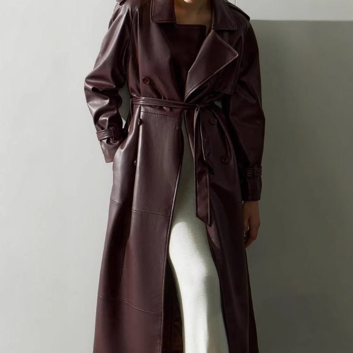 Liora Women's Leather Trench Coat – Belted Fit Elegant Layering 4