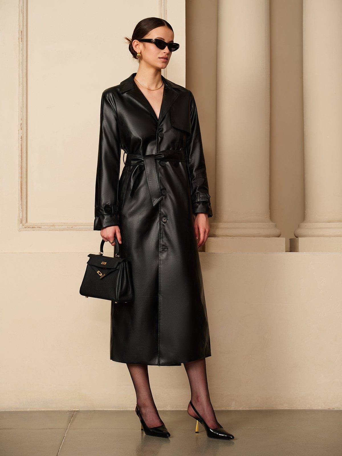 Liora Women's Leather Trench Coat – Button-Down Classic Silhouette 0