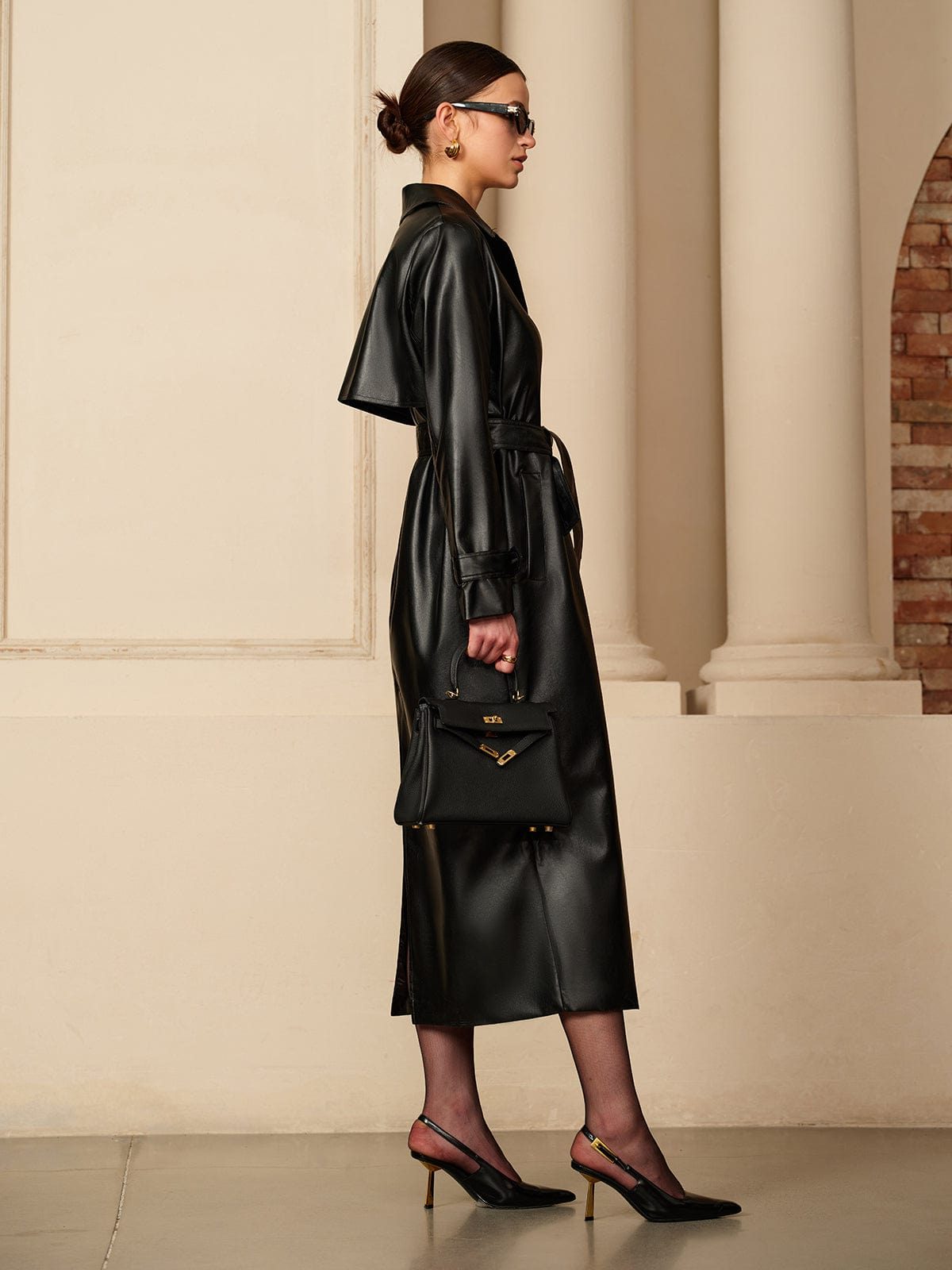 Liora Women's Leather Trench Coat – Button-Down Classic Silhouette 2