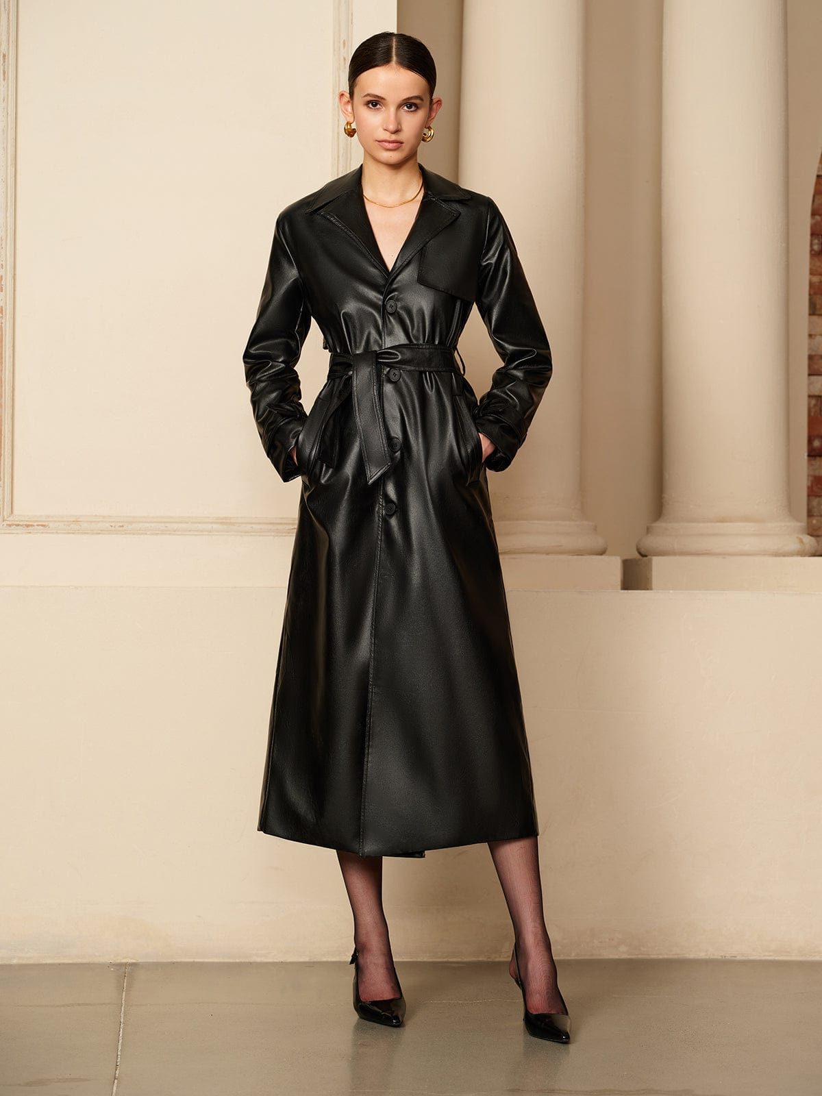 Liora Women's Leather Trench Coat – Button-Down Classic Silhouette 4